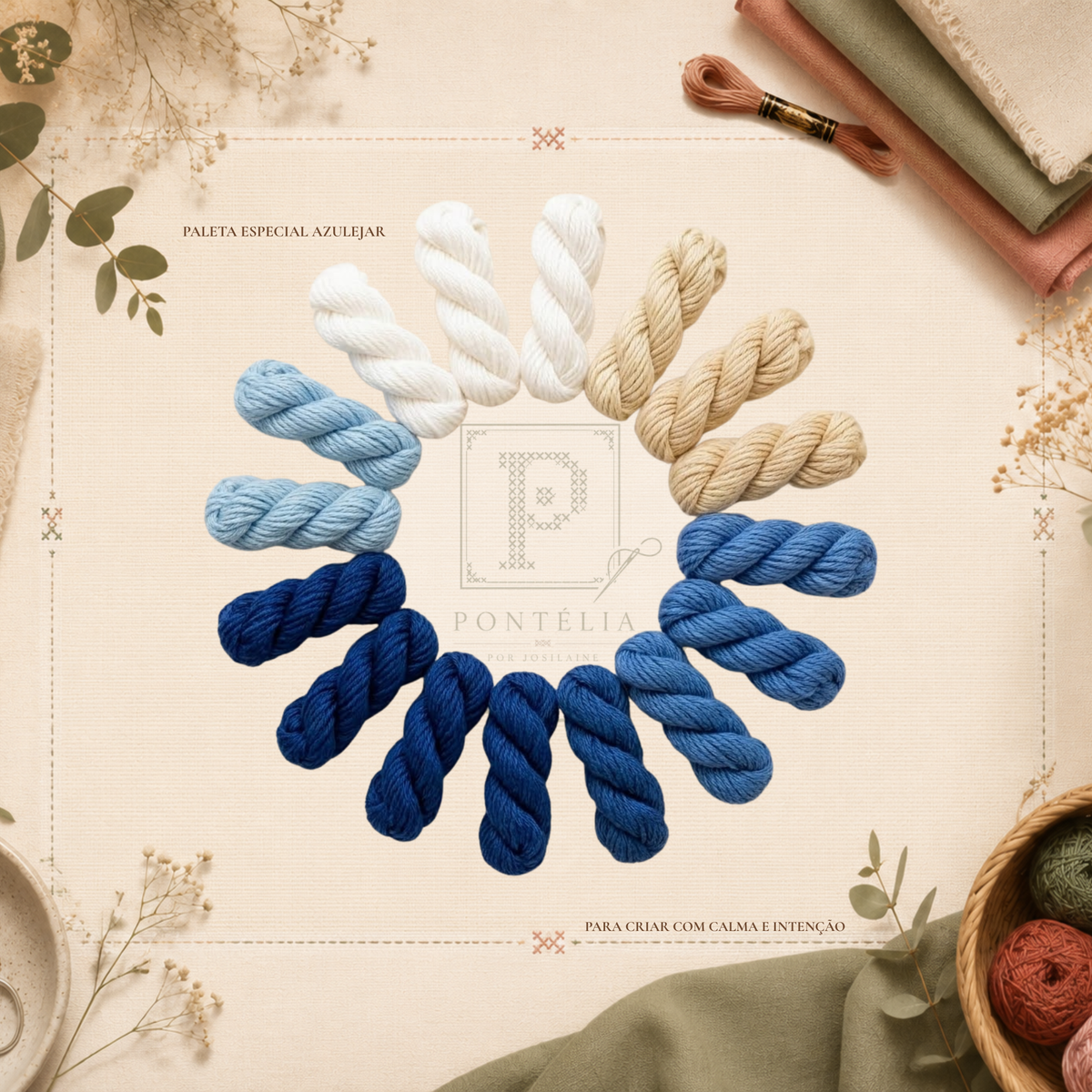 Paleta  Azulejar com linhas DMC em azul-cobalto escuro, azul médio, azul-claro, branco brilhante e areia clara