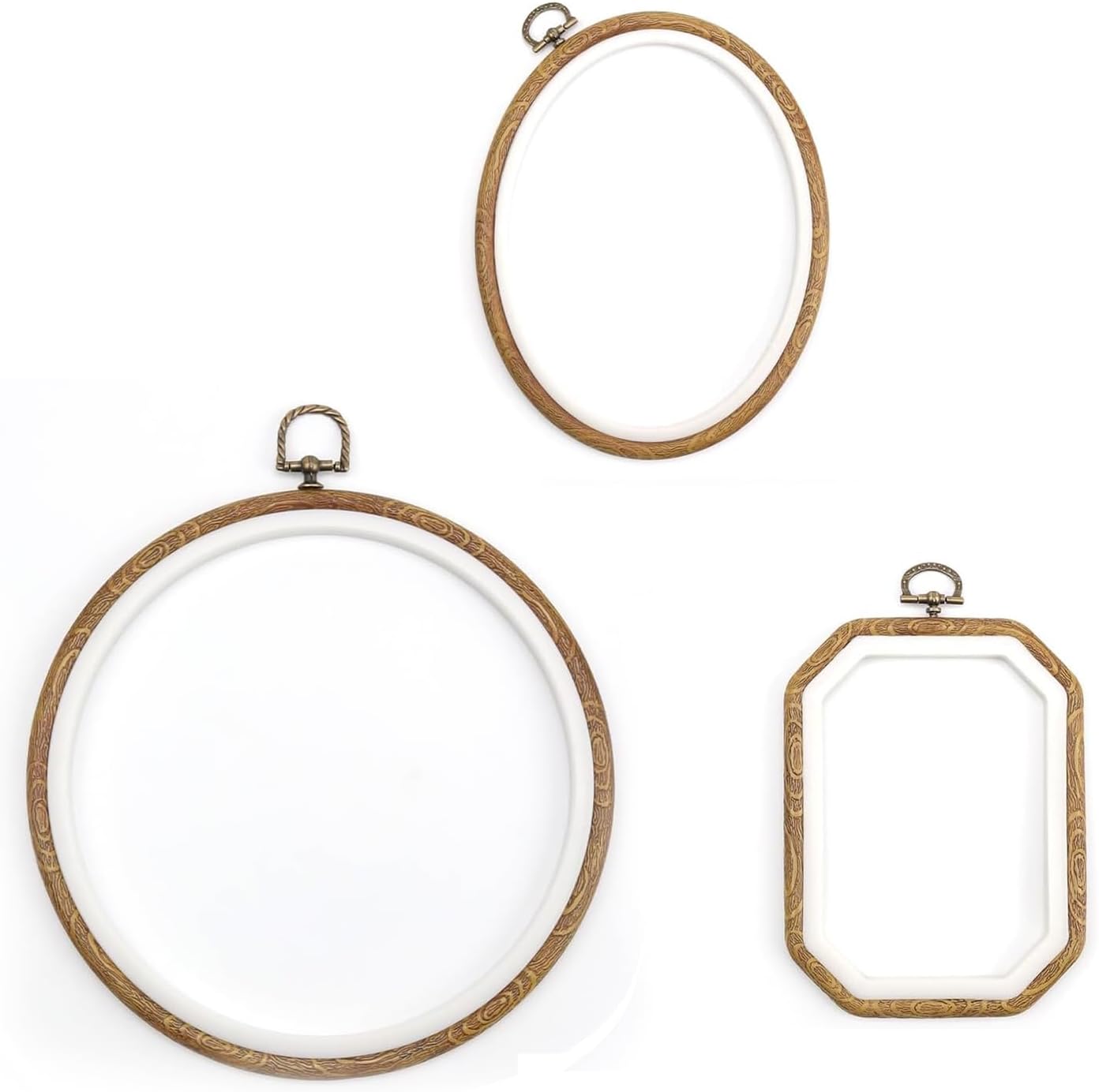 Conjunto de três bastidores decorativos para ponto cruz com efeito madeira