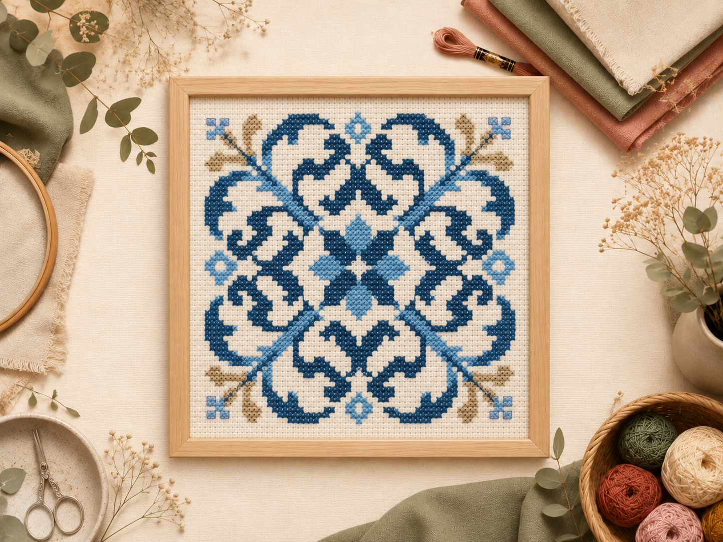 Azulejo português bordado em ponto cruz com gráfico exclusivo Pontélia
