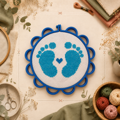 Bastidor azul para bordado de 13 cm apresentado num cenário de artes manuais