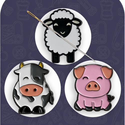 Conjunto de três porta-agulhas magnéticos em forma de ovelha, vaca e porco