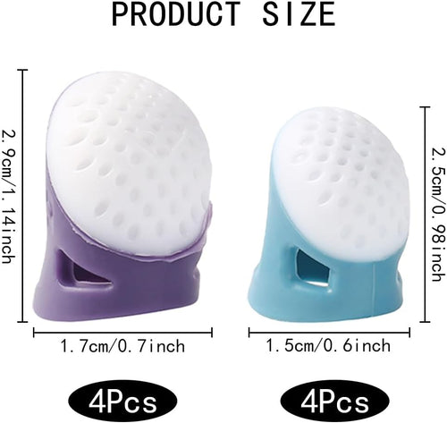 Conjunto de 8 dedais de silicone antiderrapantes, 2 tamanhos: roxo e azul, ponta branca.
