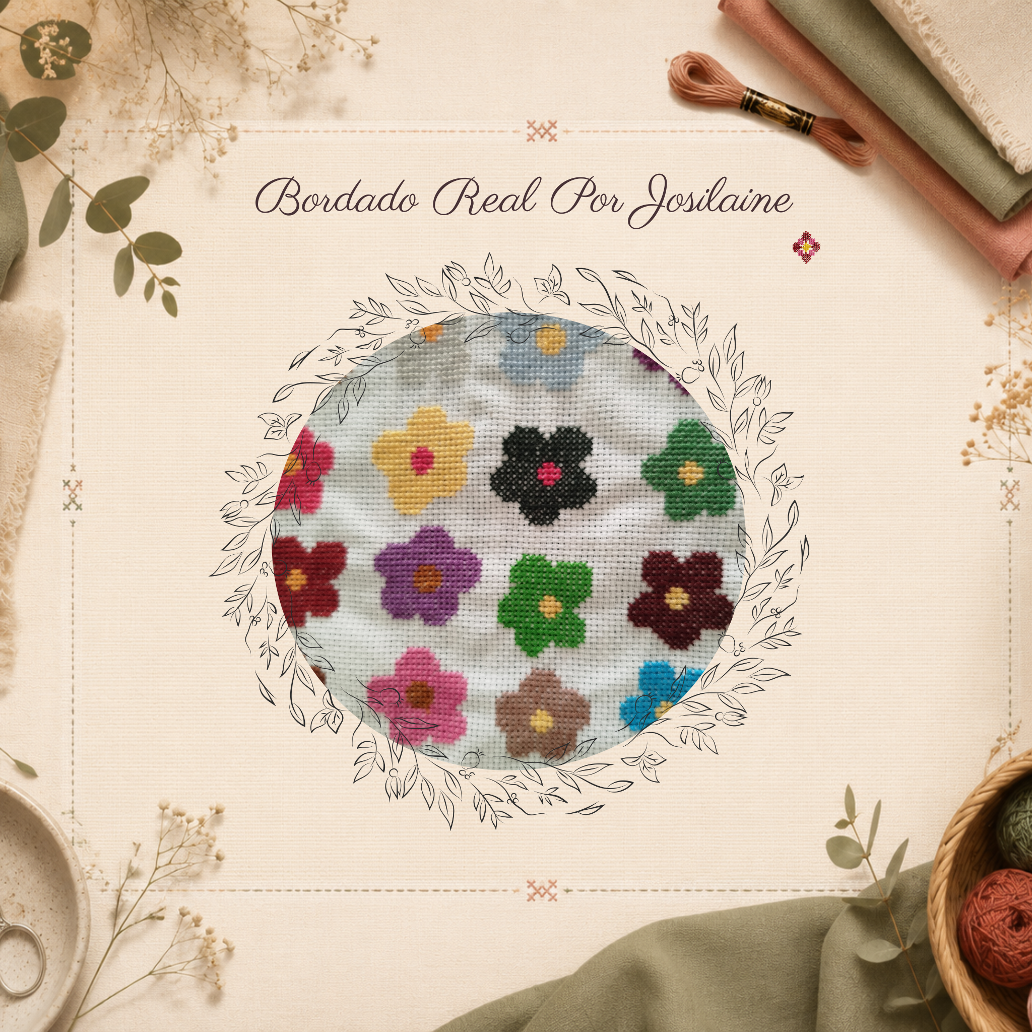 Foto detalhada das flores bordadas por Josilaine