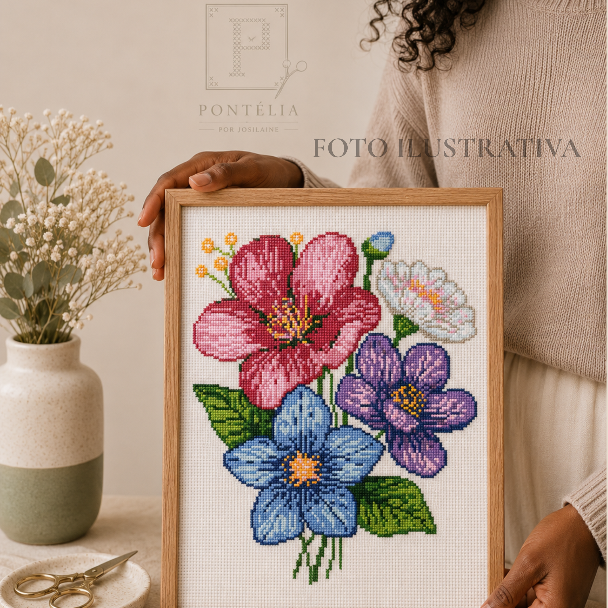 Imagem ilustrativa de Gráfico de ponto cruz Flores de Primavera Vibrantes com flores vermelha, branca, violeta e azul, folhas verdes e detalhes amarelos