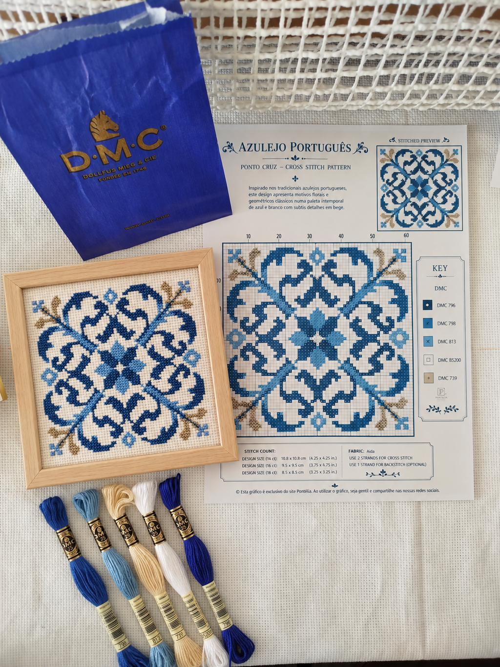 Gráfico de azulejo português em ponto cruz com linhas da Paleta Azulejar Pontélia