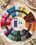 Kit de meadas para bordar em 100 cores variadas, dispostas em círculo sobre linho, junto a um bastidor com flores em ponto cruz.