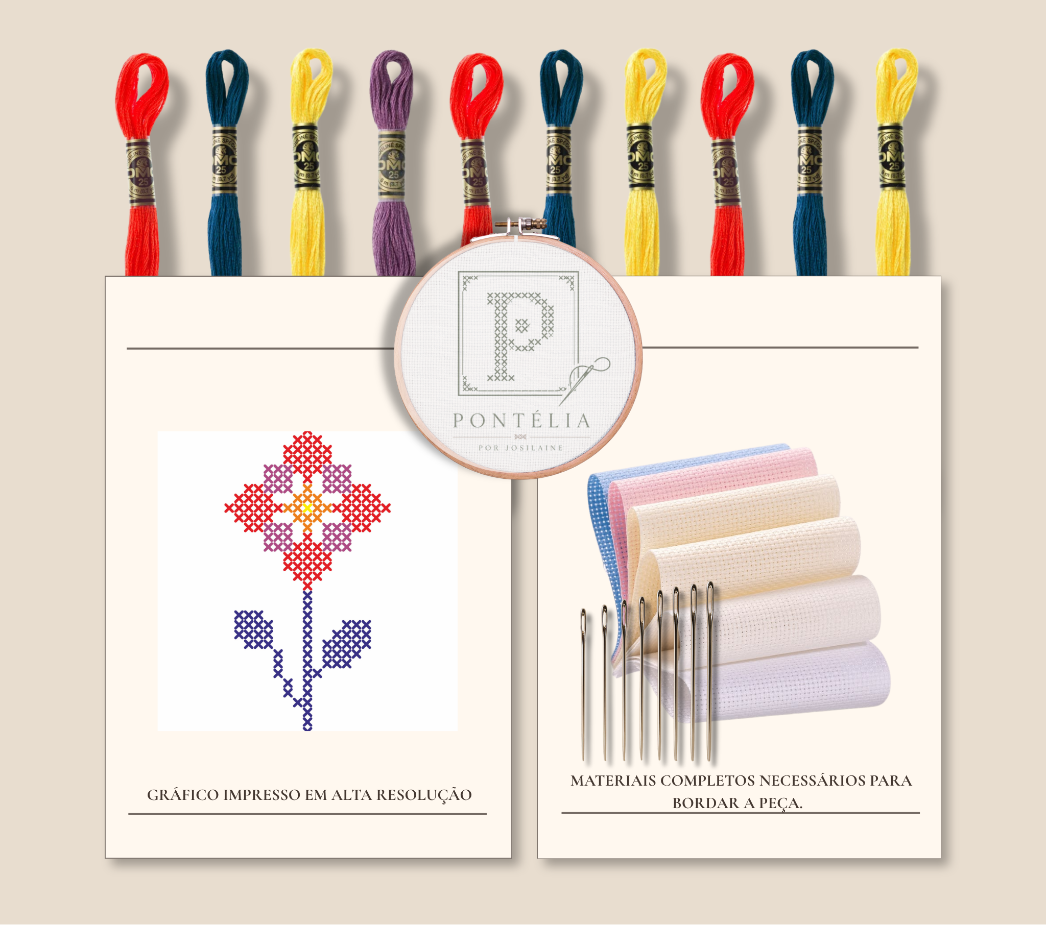 Grafico e material para ponto cruz Flor simples de quatro cores para principiantes