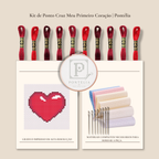 Kit de ponto cruz com coração vermelho: linhas, gráfico impresso e materiais na caixa