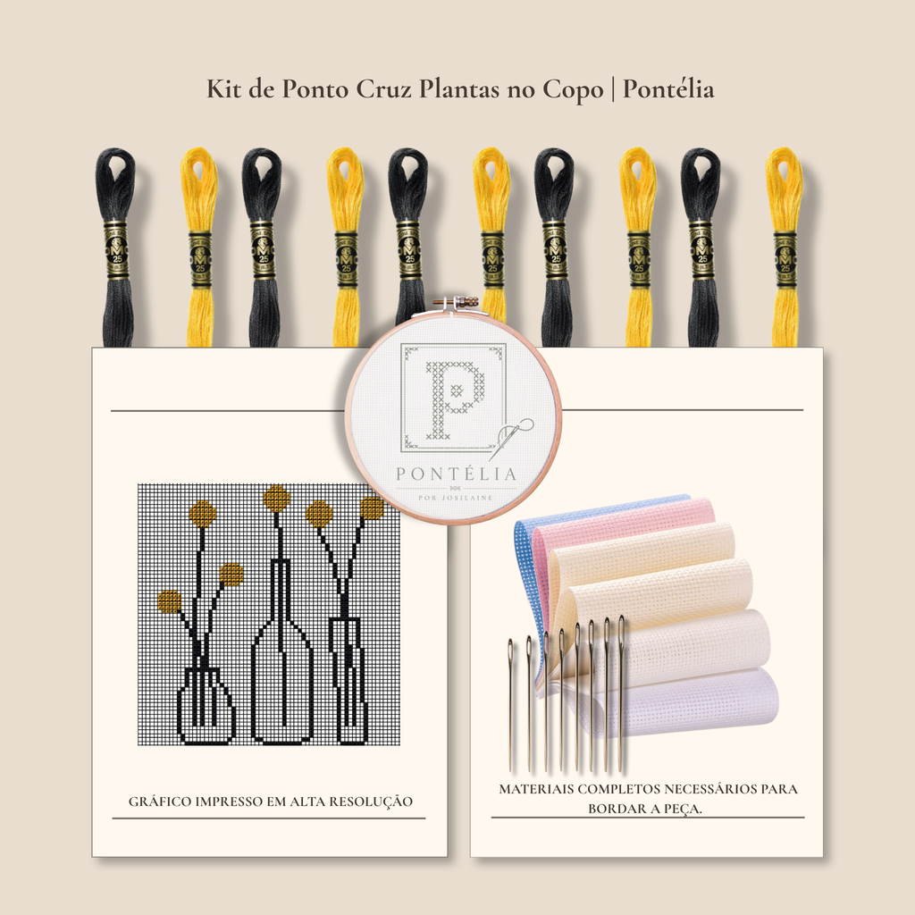 Kit de Ponto Cruz Planta em Copos — Gráfico e Materiais