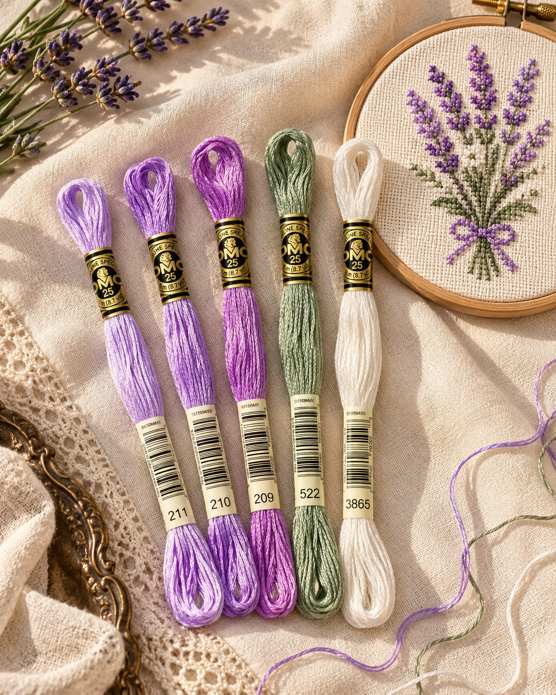 Cinco meadas DMC 211, 210, 209, 522 e 3865 sobre linho, com ramos de lavanda e um bastidor com bordado floral em ponto cruz.