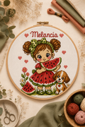 Projeto bordado em ponto cruz com menina a segurar uma fatia de melancia, flores, corações e cão pequeno