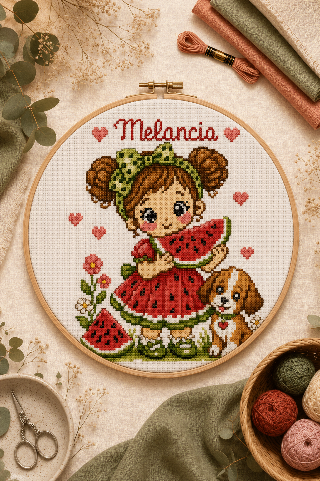 Projeto bordado em ponto cruz com menina a segurar uma fatia de melancia, flores, corações e cão pequeno
