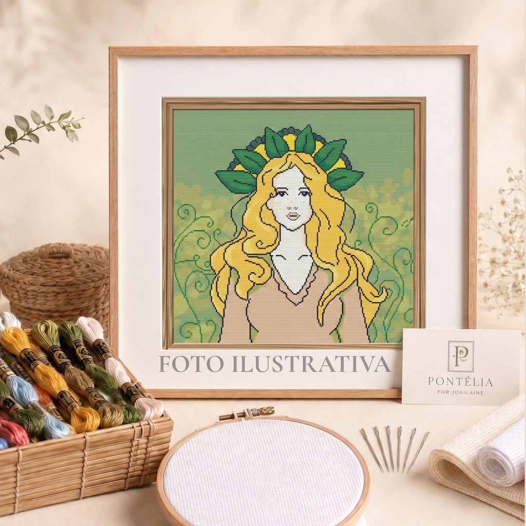 Imagem ilustrativa Rapariga da Primavera Cercada por Flores com figura feminina loira, folhas verdes e detalhes florais