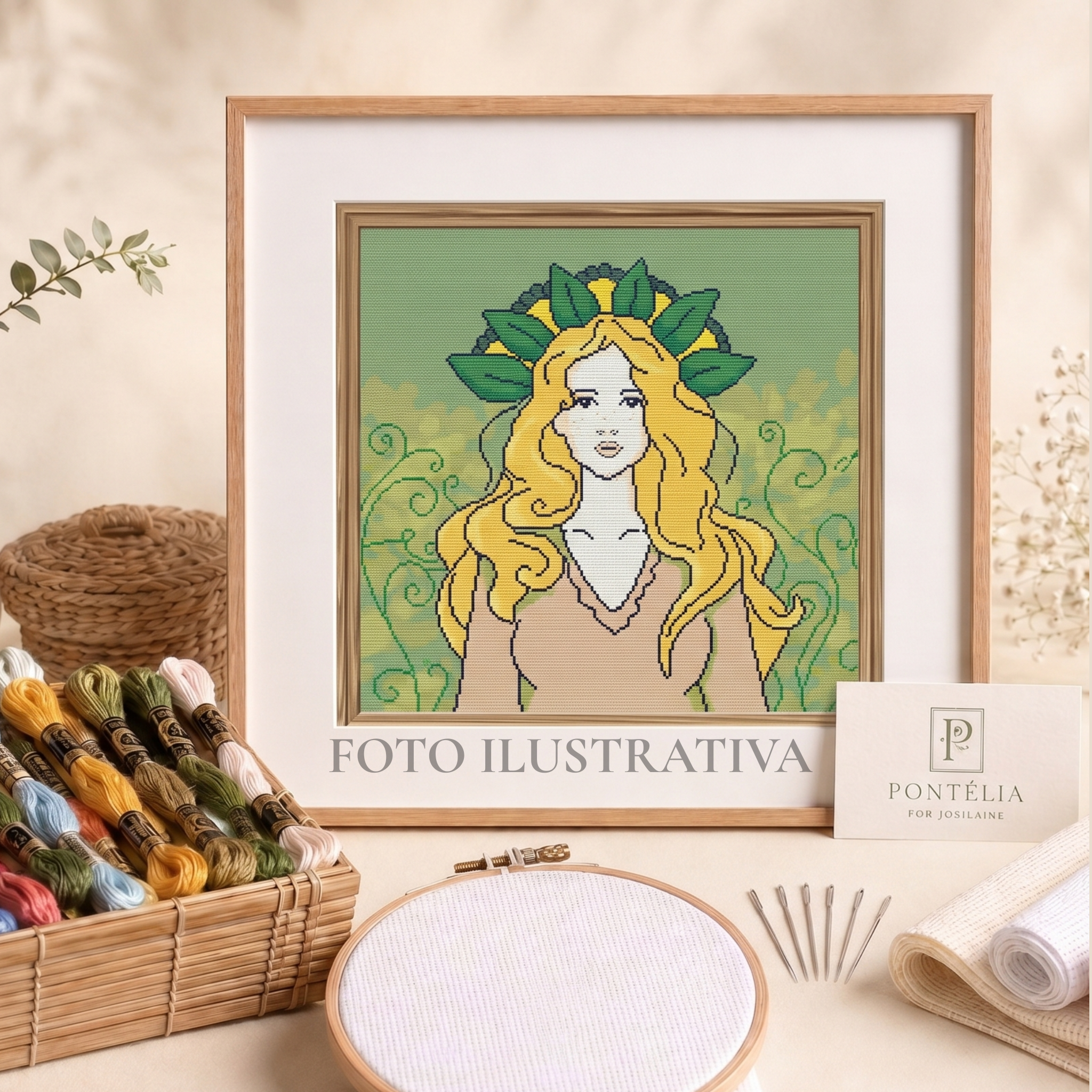 Imagem ilustrativa Rapariga da Primavera Cercada por Flores com figura feminina loira, folhas verdes e detalhes florais