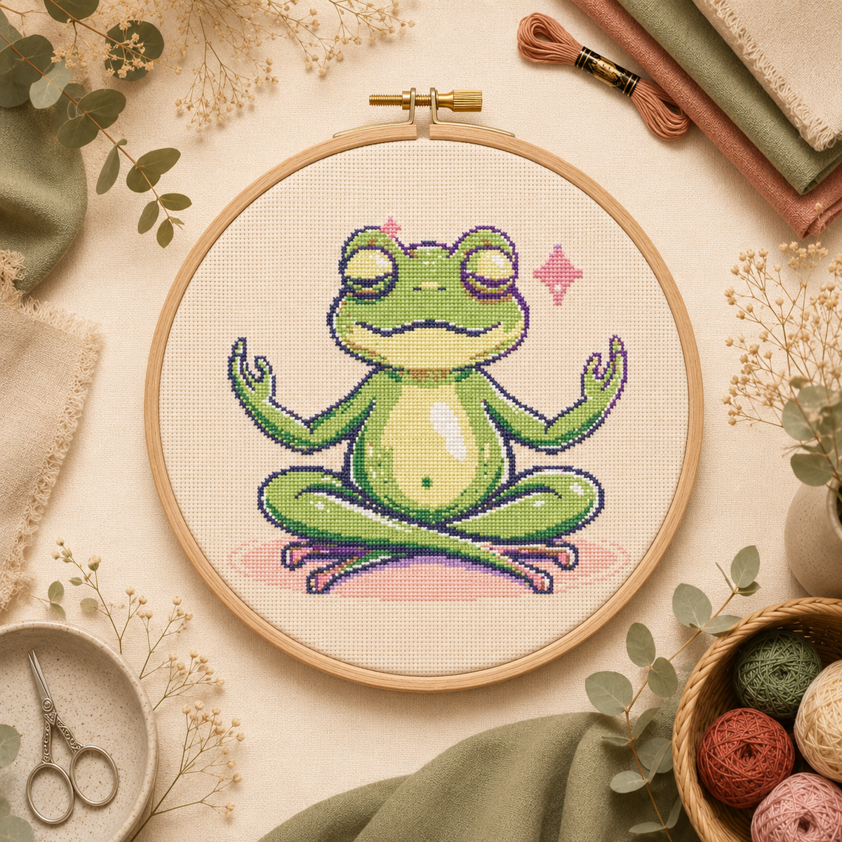 Gráfico de ponto cruz Sapo da Yoga, sapo em meditação para bordado à mão