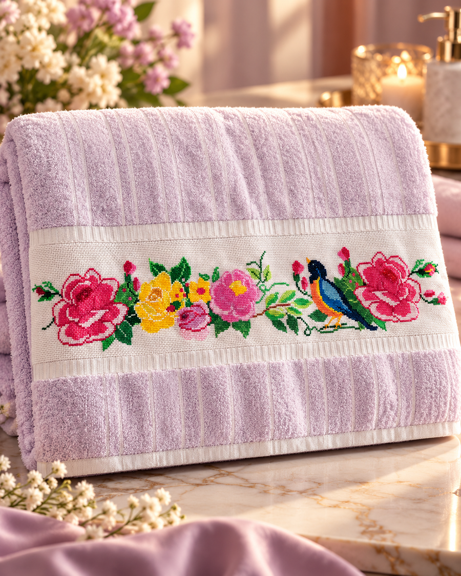 Toalha Lilás com Flores e Pássaro — Peça Única Bordada por Josilaine