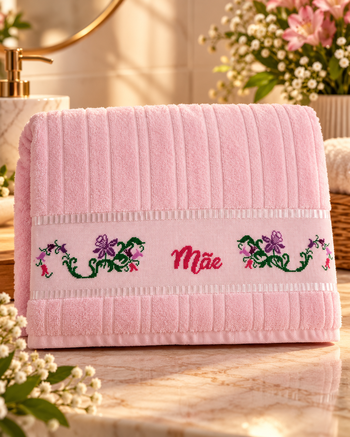peça única, bordado por Josilaine, bordado à mão, ponto cruz, toalha bordada, toalha rosa, toalha Mãe, flores e borboletas, bordado floral, presente para mãe, Dia da Mãe, presente artesanal, peças únicas Pontélia