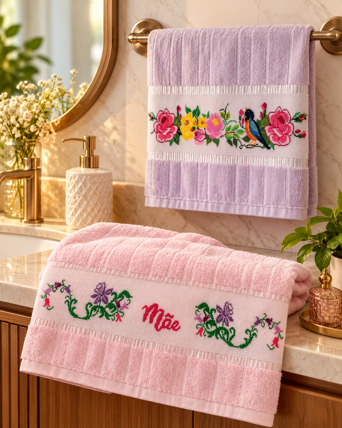 Toalha em ambiente decorativo:
Toalha lilás com bordado floral e pássaro apresentada como detalhe decorativo numa casa de banho.