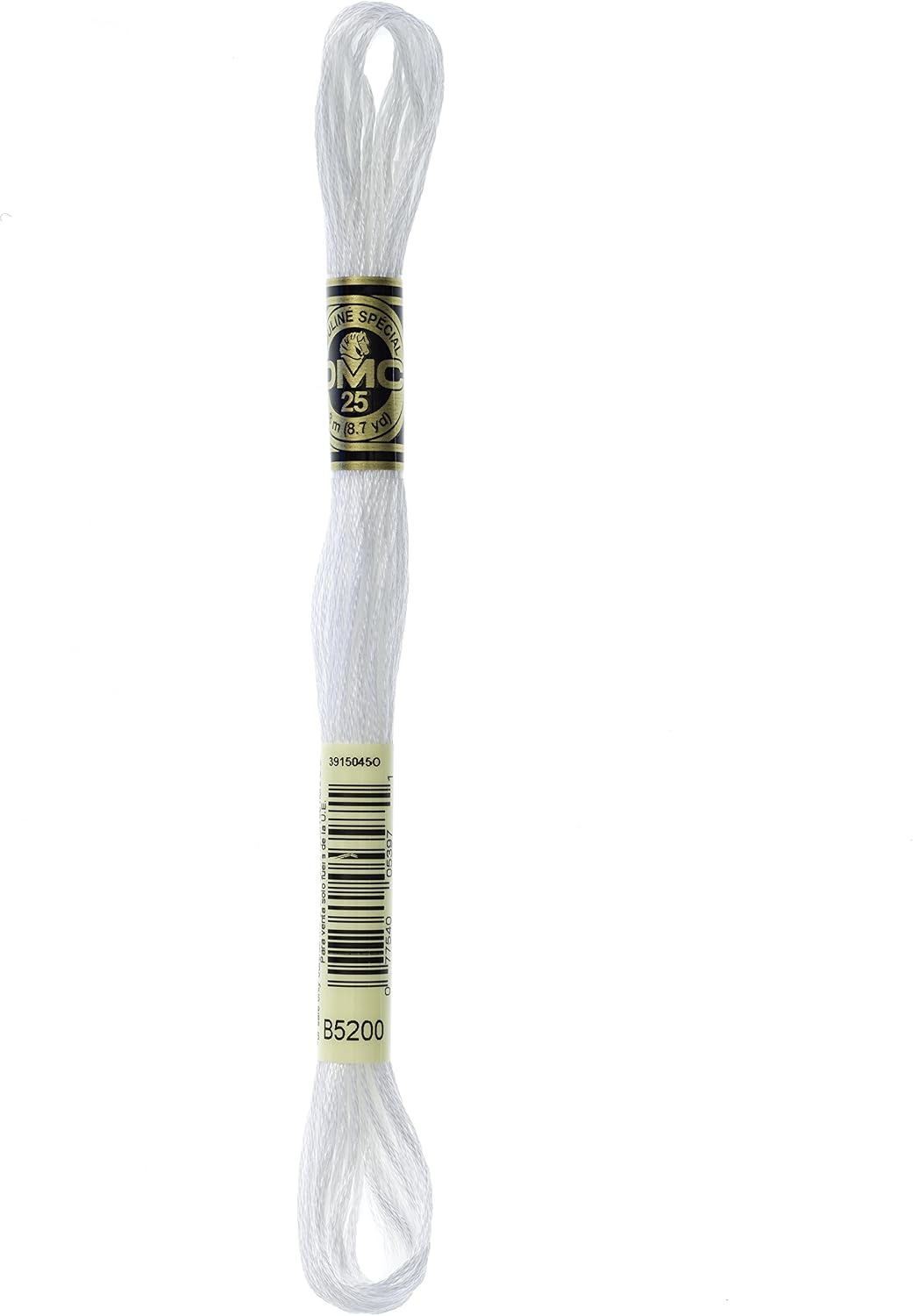 Novelo de linha de ponto cruz branco com etiqueta e banda dourada, fio fino