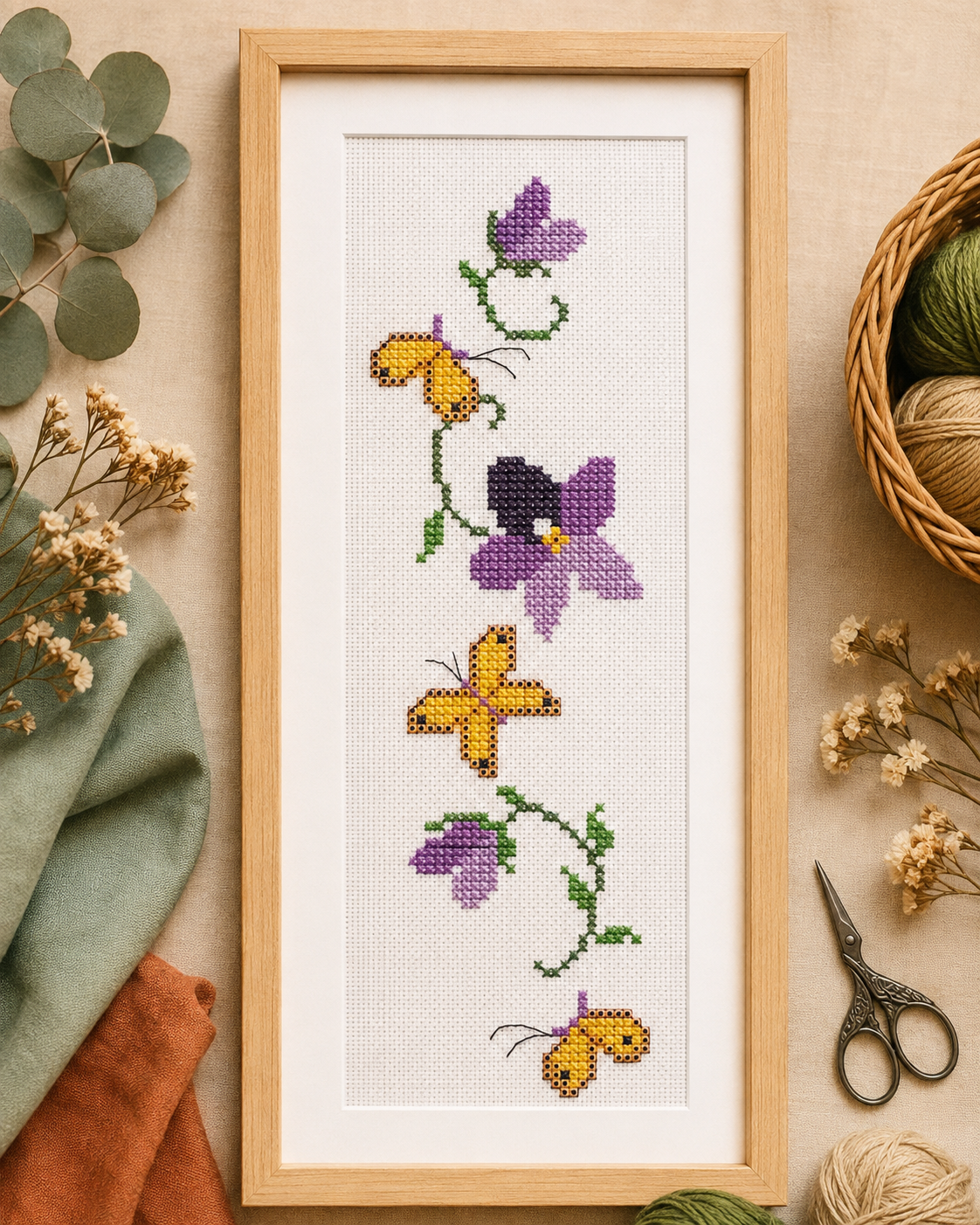 Quadro vertical bordado em ponto cruz com flores roxas e amarelas, ramos verdes e borboletas