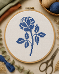Rosa azul com folhas e caule bordada em ponto cruz sobre tecido branco num bastidor de madeira