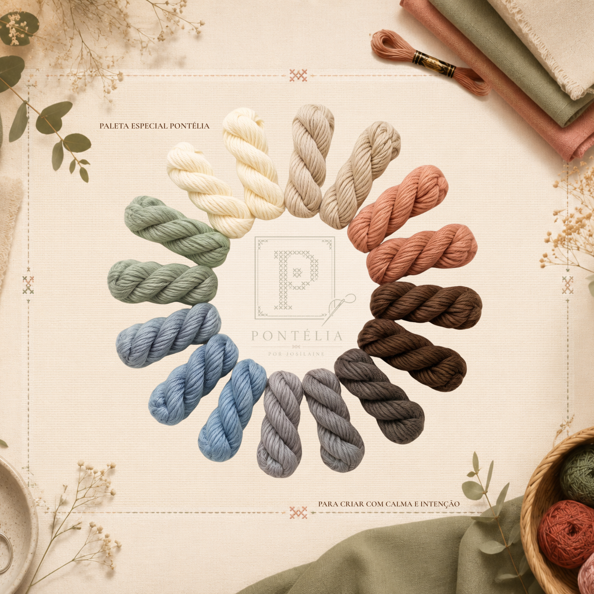 Paleta Especial Pontélia com linhas de bordado em tons de creme, bege, terracota, castanho, azul-acinzentado e verde-sálvia organizadas em círculo