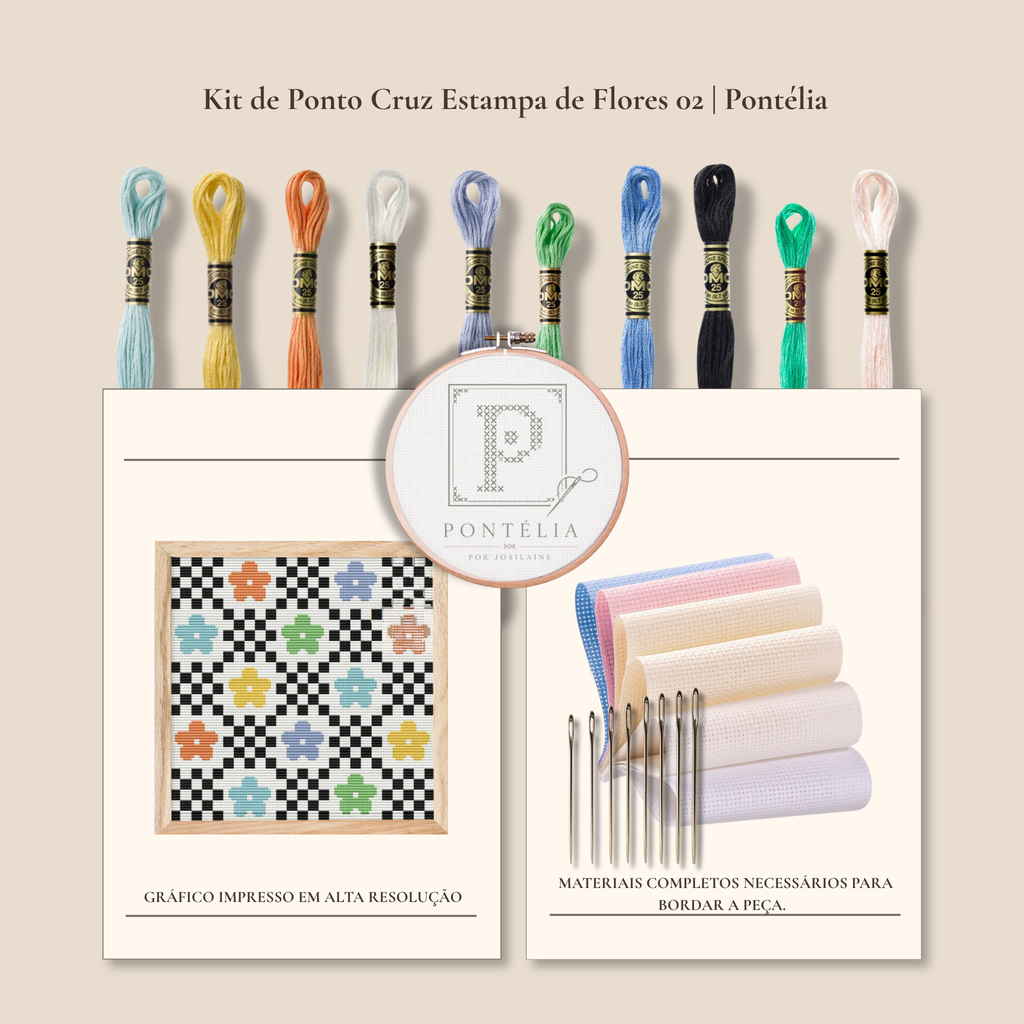 Kit de ponto cruz Estampa de Flores 02 com flores coloridas e padrão geométrico quadriculado em preto e branco