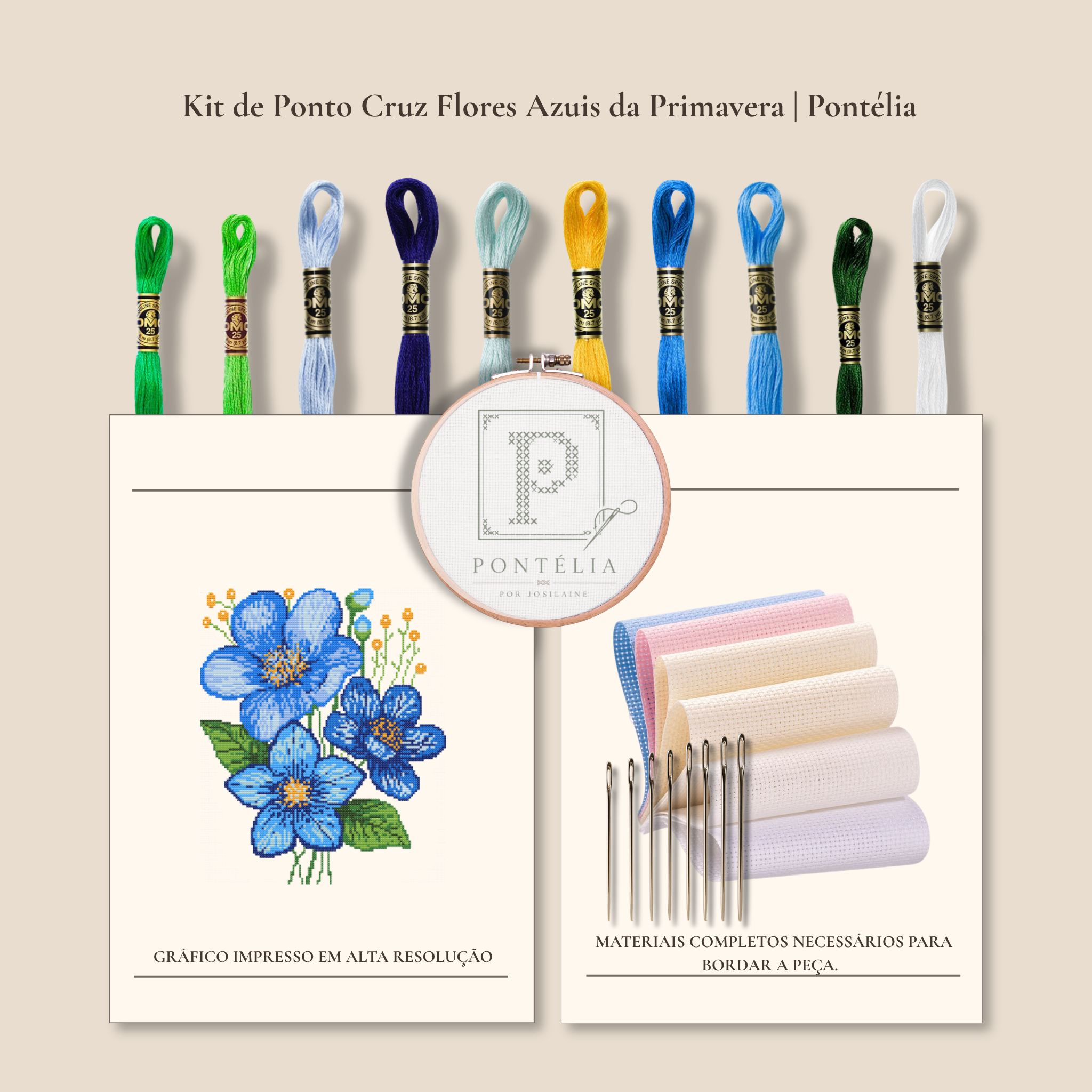 Gráfico de ponto cruz Flores Azuis da Primavera com três flores azuis, folhas verdes e pequenos detalhes amarelos