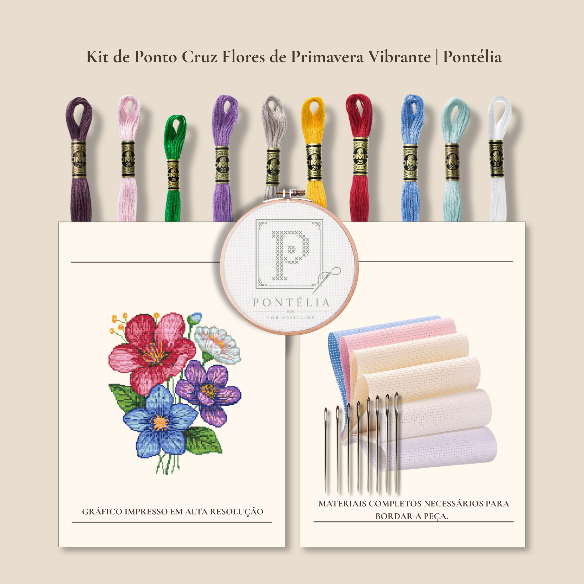 Gráfico de ponto cruz Flores de Primavera Vibrantes com flores vermelha, branca, violeta e azul, folhas verdes e detalhes amarelos