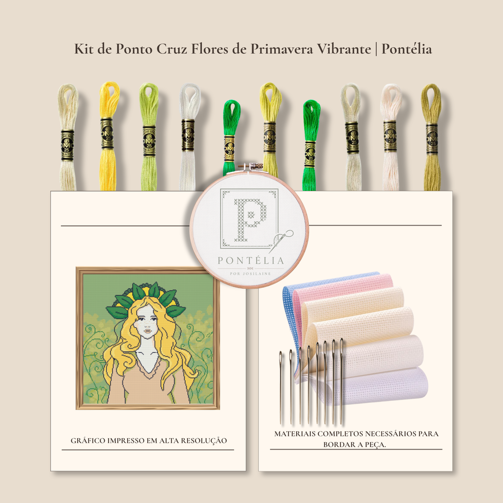 Kit de ponto cruz Rapariga da Primavera Cercada por Flores com figura feminina loira, folhas verdes e detalhes florais