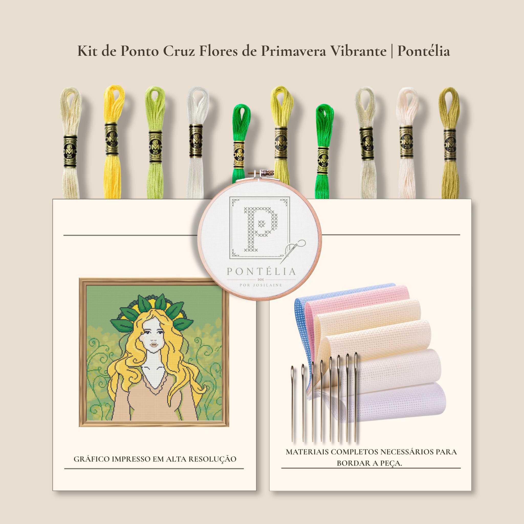 Kit de ponto cruz Rapariga da Primavera Cercada por Flores com figura feminina loira, folhas verdes e detalhes florais
