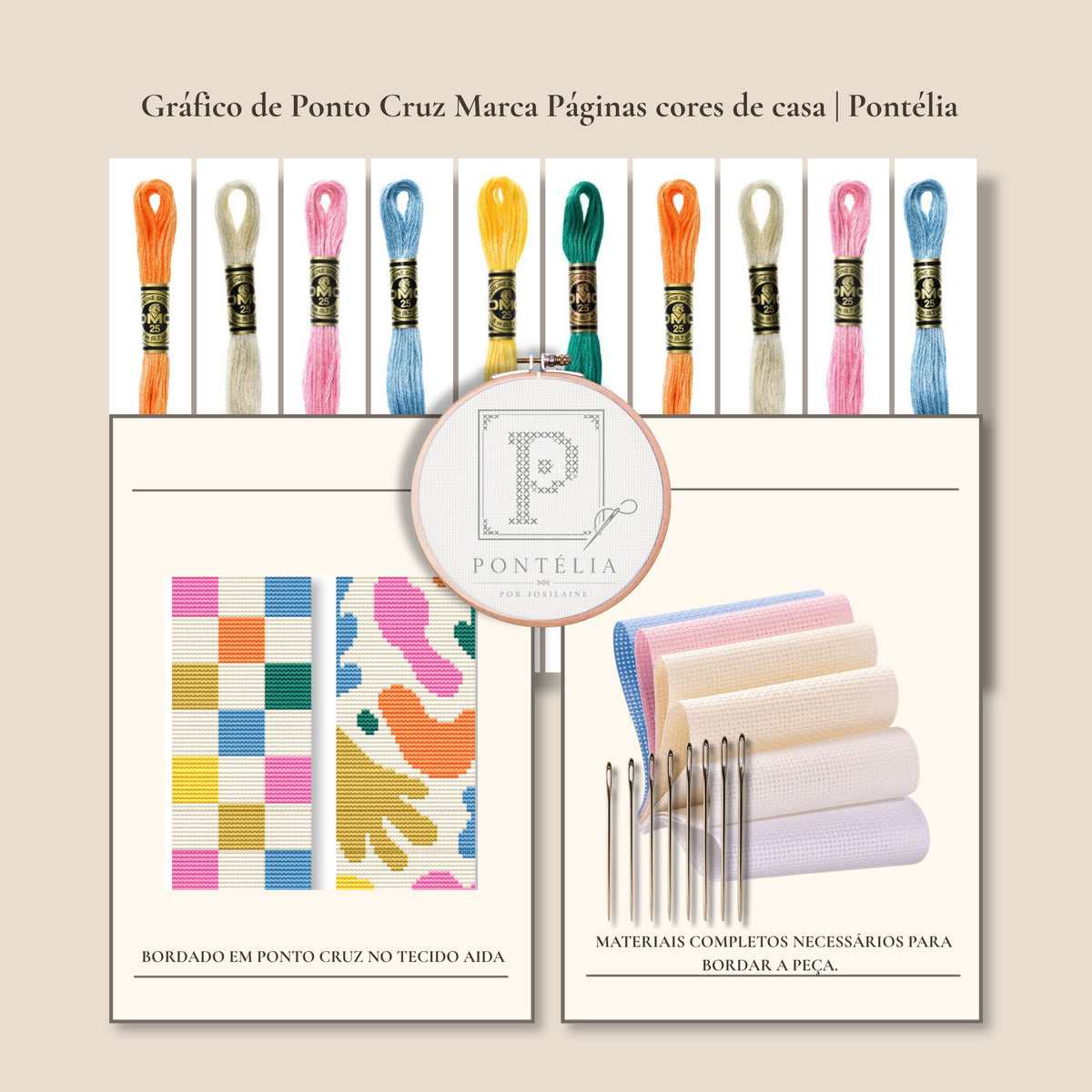 Quatro gráficos geométricos de ponto cruz da coleção Cores de Casa da Pontélia