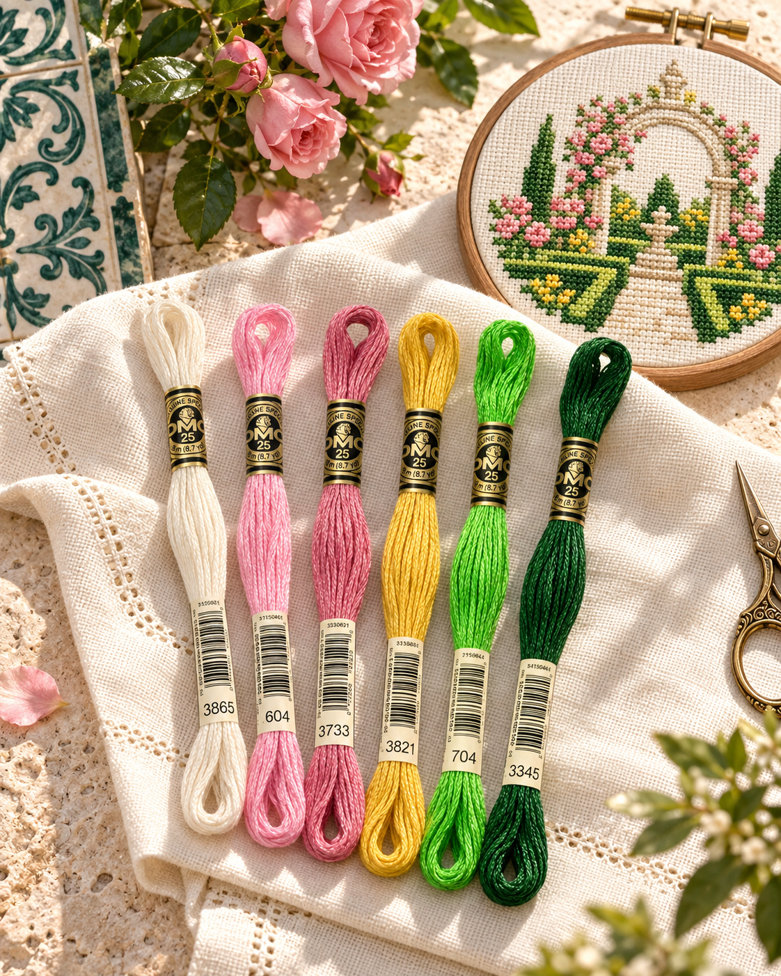 Paleta Jardim Português com seis meadas DMC 3865, 604, 3733, 3821, 704 e 3345 sobre linho, junto a azulejos e um jardim bordado em ponto cruz.