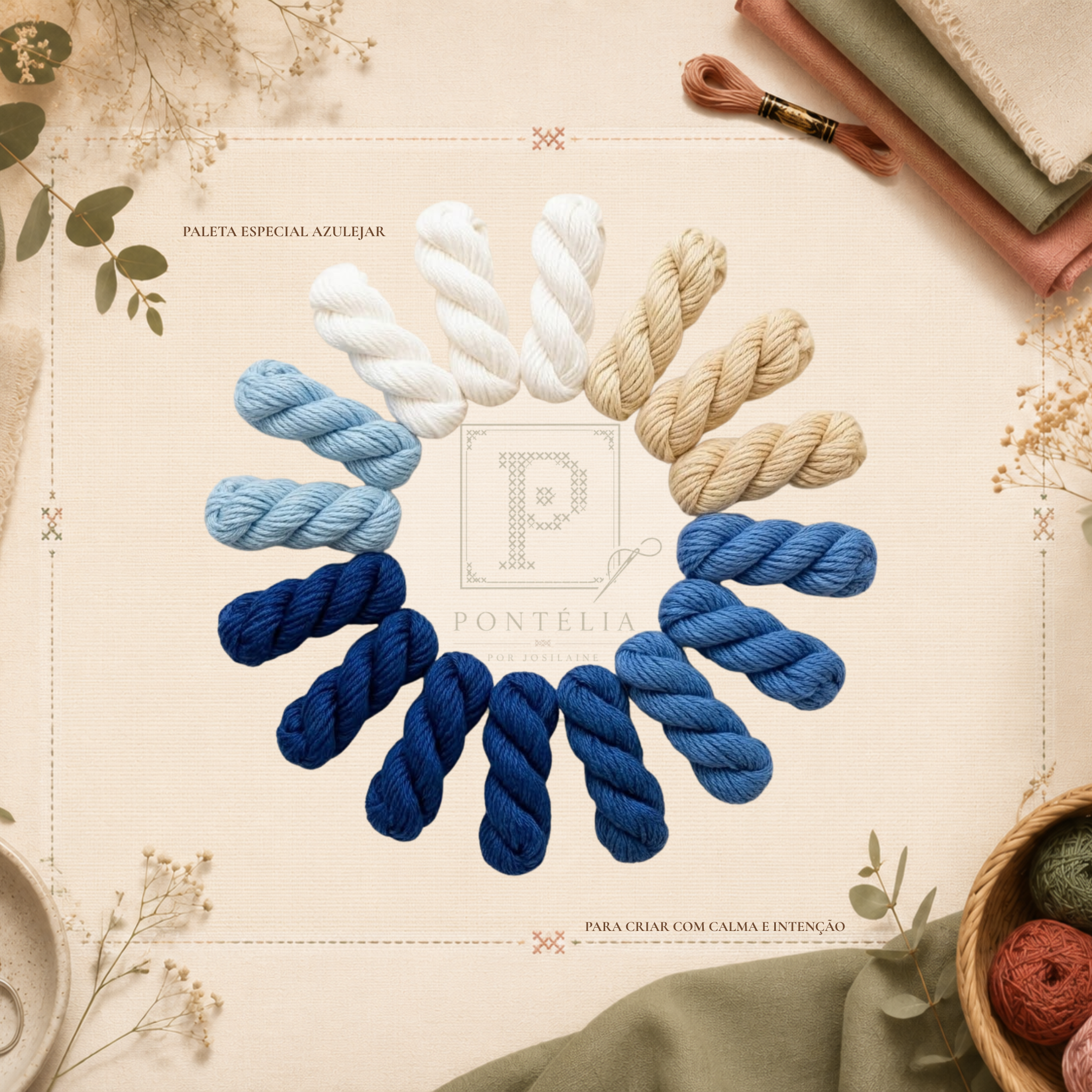 Paleta  Azulejar com linhas DMC em azul-cobalto escuro, azul médio, azul-claro, branco brilhante e areia clara
