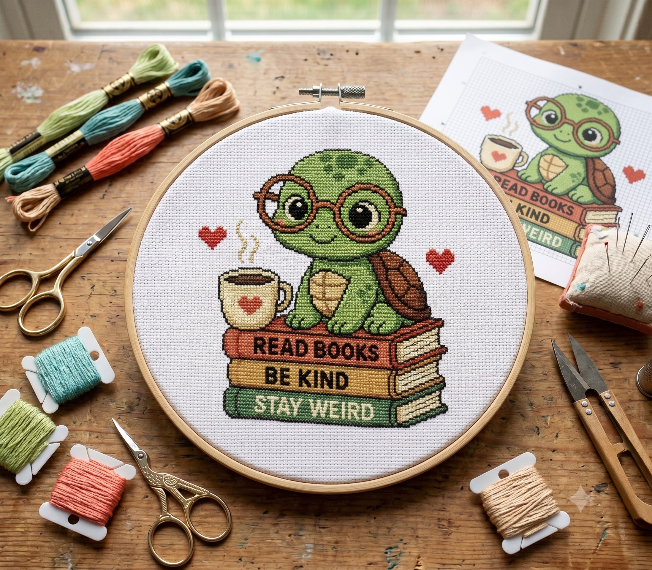 Projeto de ponto cruz contemporâneo com tartaruga de óculos sobre livros, bastidor, linhas, gráfico e tesouras