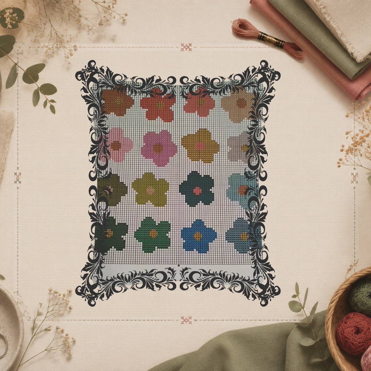 Kit de Ponto Cruz Estampa de Flores 01 — Gráfico e Materiais